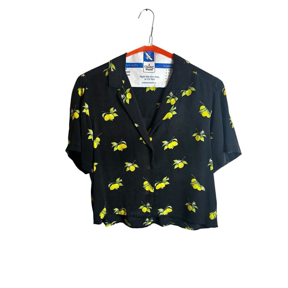Rails Black Yellow Lemon Print 100% Silk Short Sleeve Button Down Shirt Small